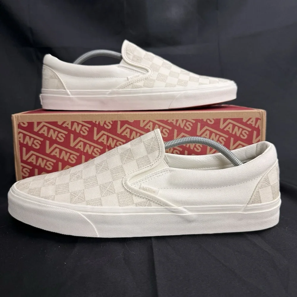 VANS Classic SlipOn Skate Shoes Stitch Checkerboard Marshmallow Wht Mens Size 13